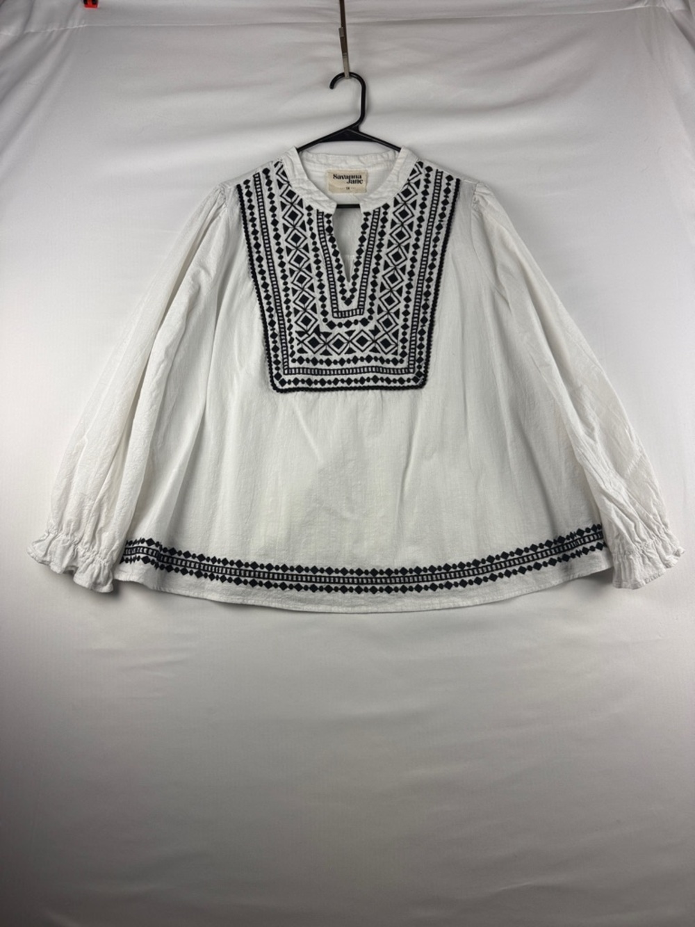 Savannah Jane White Black Embroidered Blouse 1X Cotton Boho Diamond Pattern Top